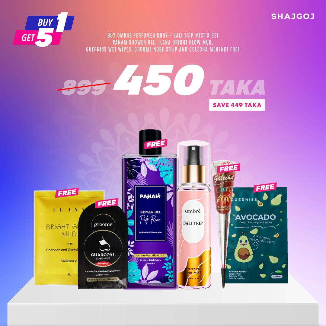 Buy Ombre Perfumed Body - Bali Trip Mist Get Panam Shower Gel, Ilana Bright Glow Mud, Guerniss Wet Wipes, Groome Nose Strip and Golecha Mehendi Free