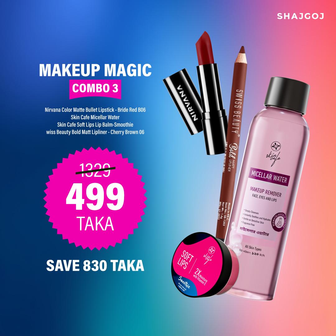 Makeup Magic Combo 03 (Nirvana Color Lipstick - Bride Red + Skin Cafe Micellar Water + Skin Cafe Lip Balm - Smoothie + Swiss Beauty Lip Liner - Chery Brown)