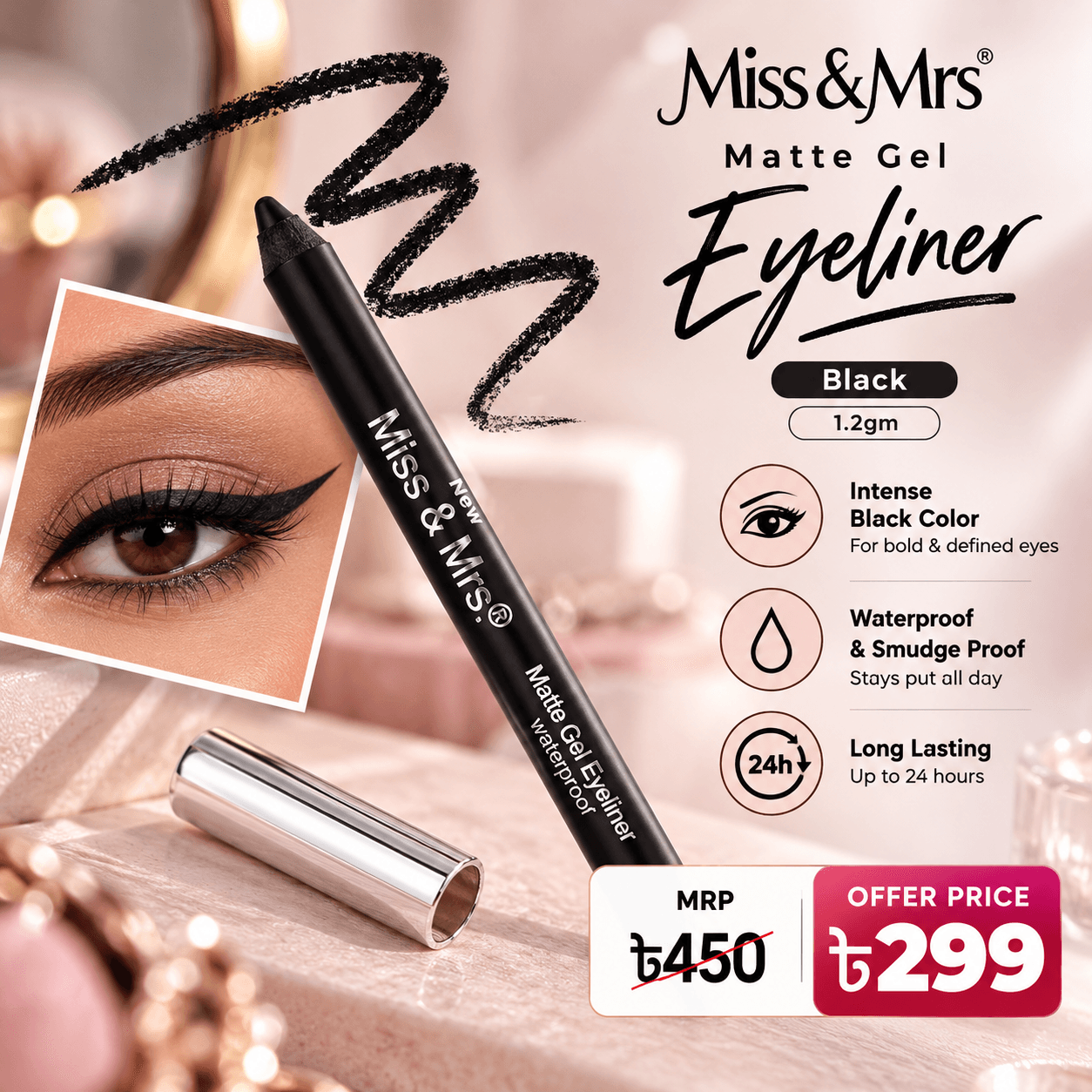 Miss & Mrs Nina Matte Gel Waterproof Eyeliner - Black – 1.2gm