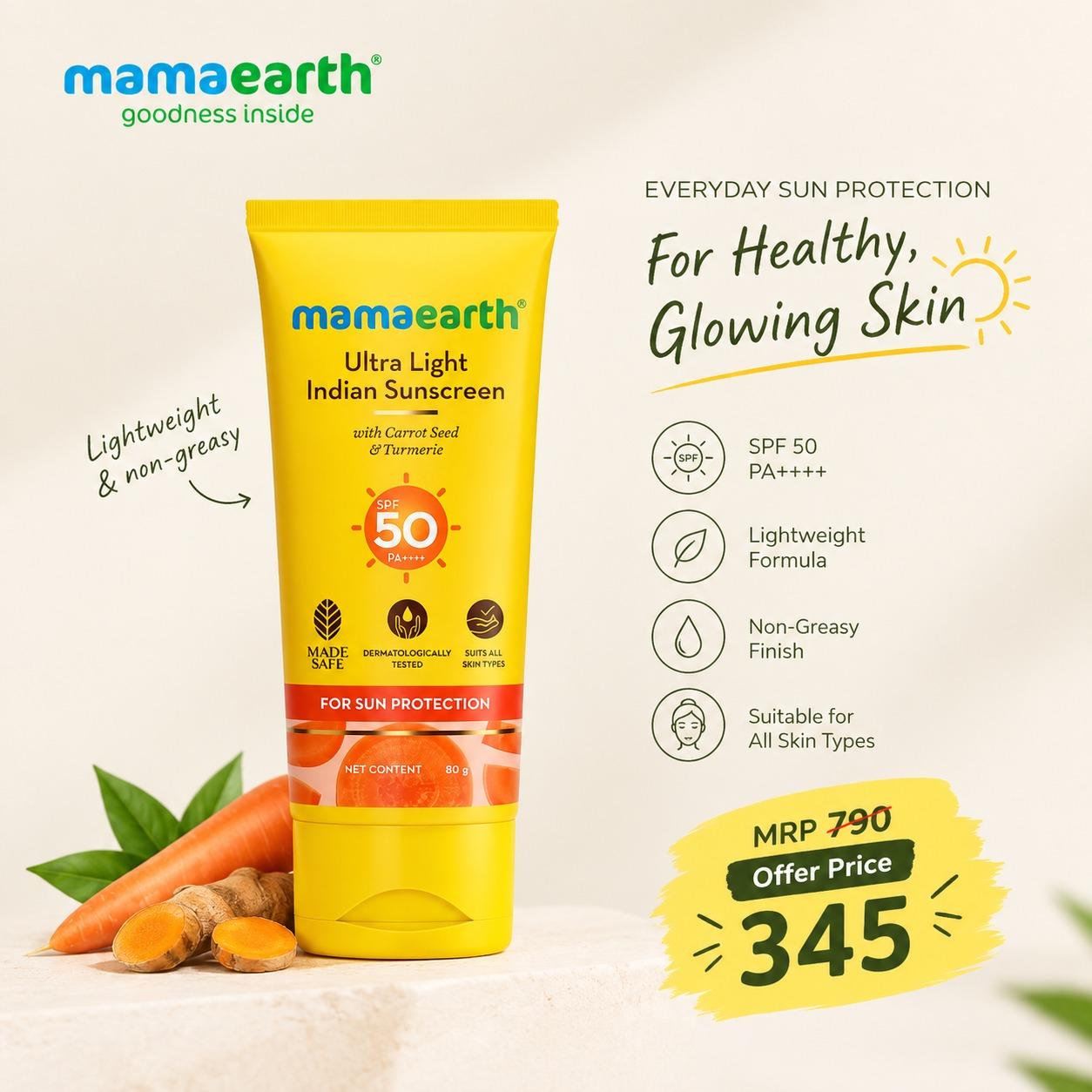 Mamaearth ultra light indian sunscreen SPF50 PA+++ (Expiry - May 2027) – 80gm
