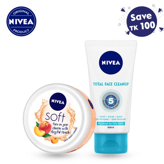 NIVEA Soft Skin Moisturizing Cream Playful Peach 100ml & Nivea Face Wash Total Face Cleanup 114g Combo Offer (1)