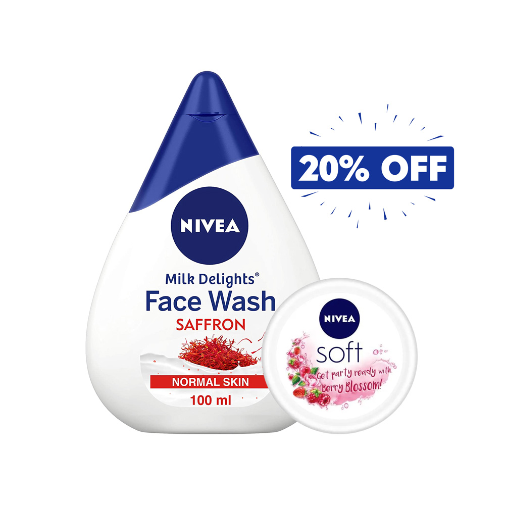Nivea Face Wash Milk Delights Saffron 100ml and Soft Cream Berry Blossom 25ml Combo