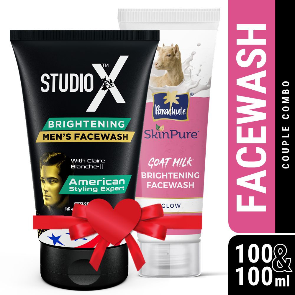 Couple Combo (Face Wash) – Studio X Brightening Facewash for Men 100ml & Parachute SkinPure Goat Milk Brightening Facewash (Glow) 100gm