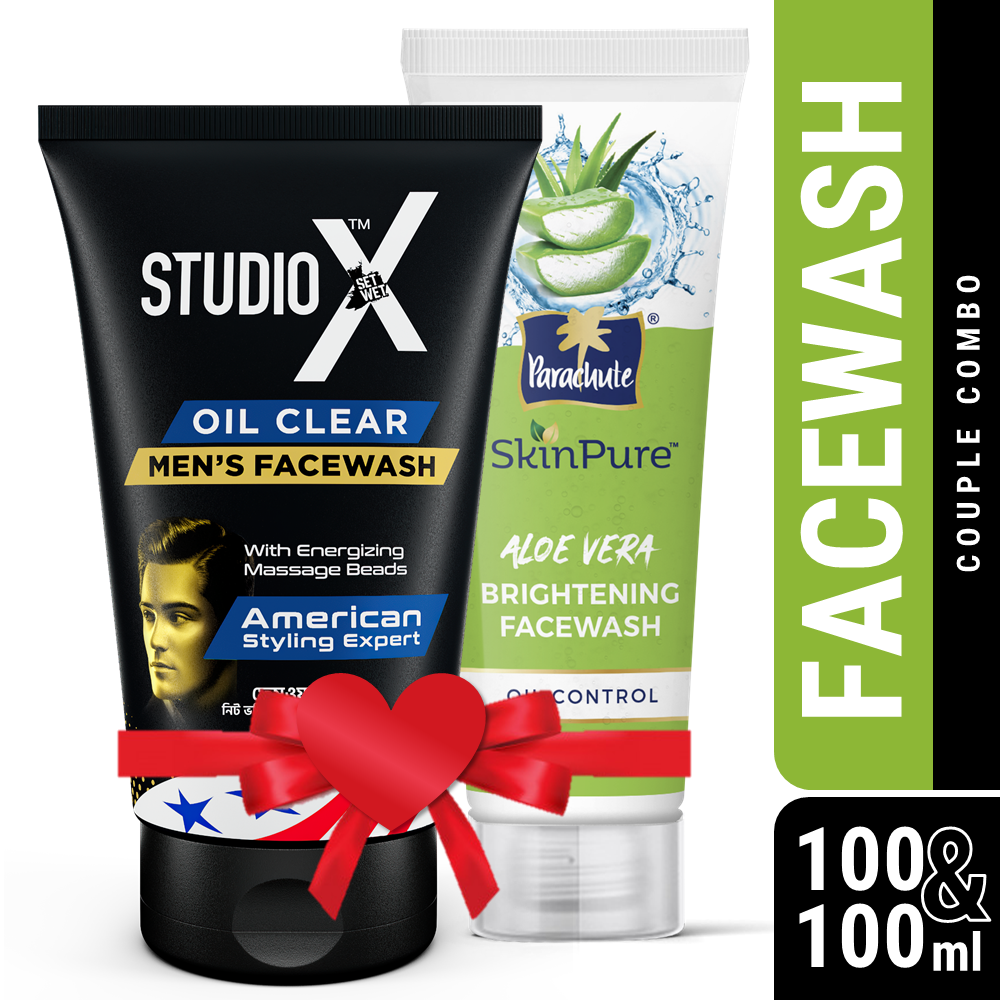 Couple Combo (Face Wash) – Studio X Oil Clear Facewash for Men 100ml & Parachute SkinPure Aloe Vera Brightening Facewash (Oil Control) 100gm